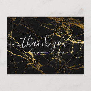 Wedding Thank You   Black Gold Marble Script Postcard