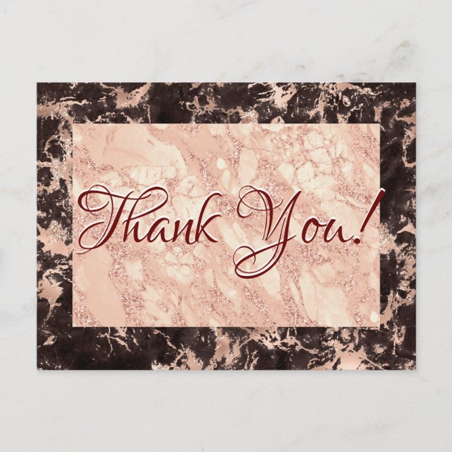 Wedding Thank You, Blk & Rose Gold Marble, Message Postcard (Front)