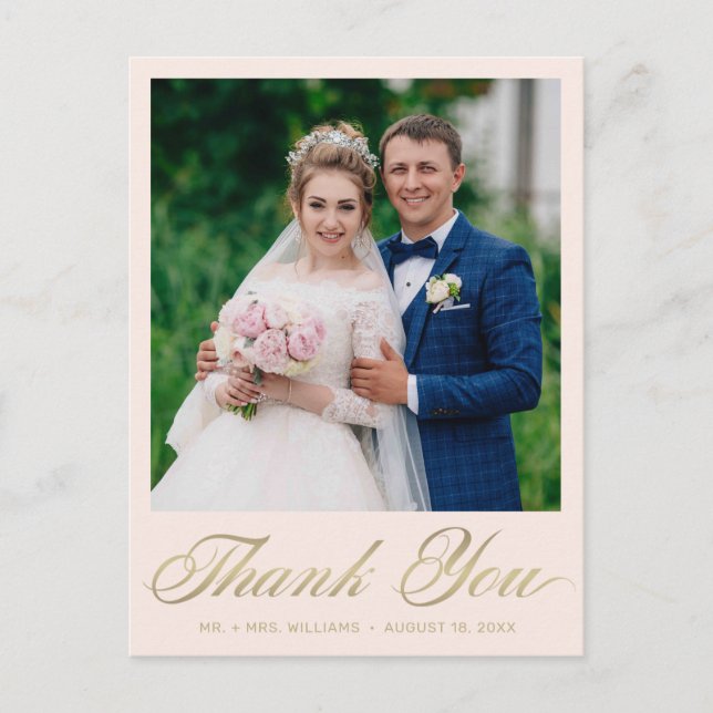 Wedding Thank You Blush Pink Photo Gold Script Postcard (Front)