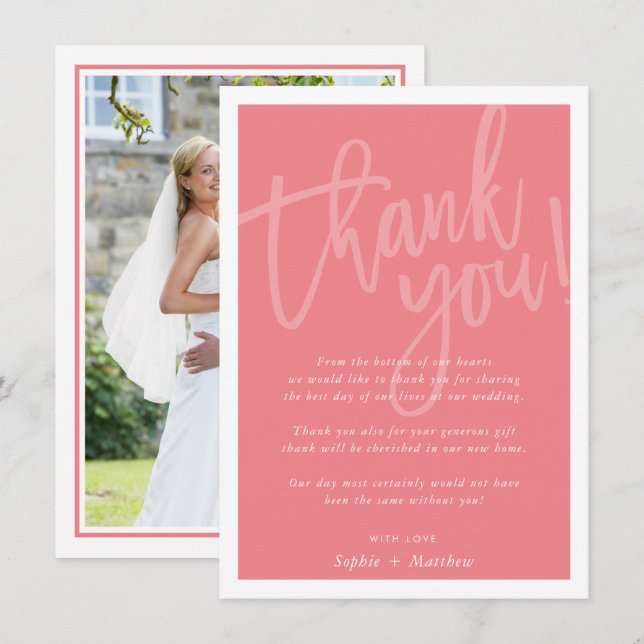 WEDDING THANK YOU brush lettered script coral pink Invitation (Front/Back)