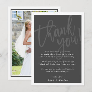 WEDDING THANK YOU brush lettered script dark grey Invitation
