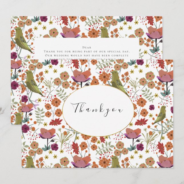 Wedding thank you card birds, flowers summer  (Front/Back)