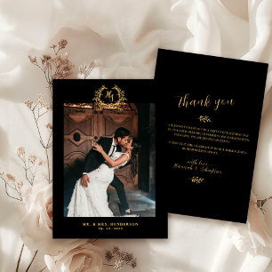 Wedding Thank You Card Botanical Black Gold Photo 