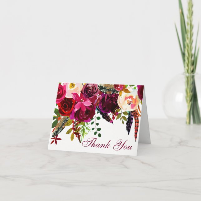 Wedding Thank You Card - Burgundy Floral, Feathers (Front)