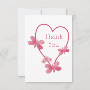 Wedding Thank You Card Pink Heart And Butterflies