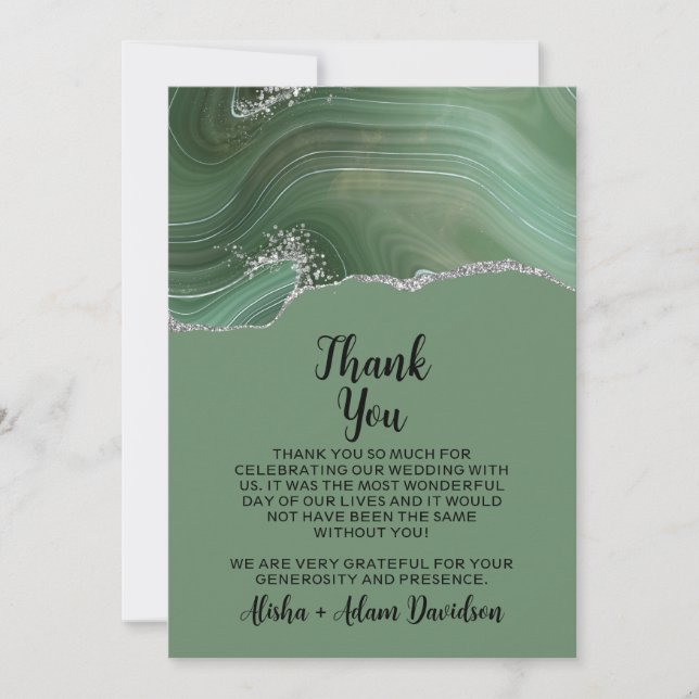 Wedding Thank You Card Sage Agate Silver Glitter (Front)