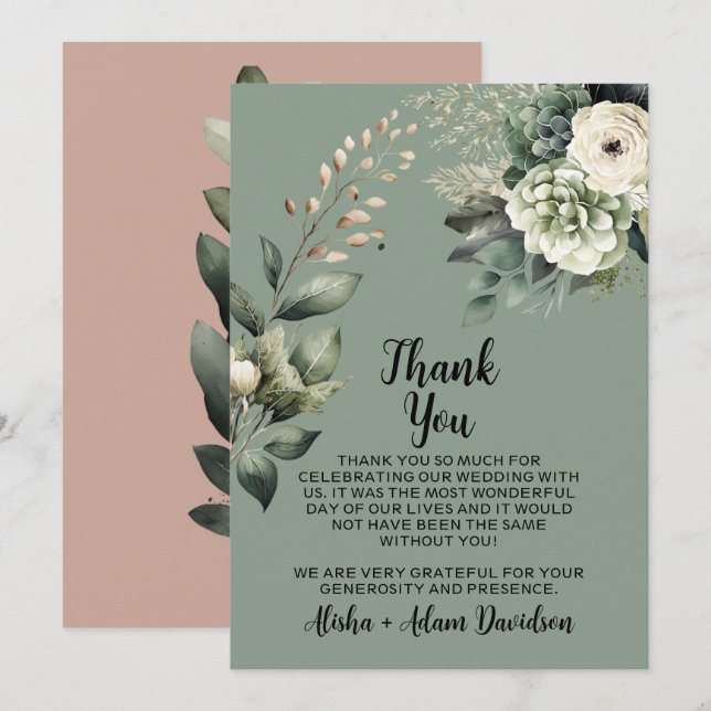 Wedding Thank You Card Sage & Blush Taupe (Front/Back)