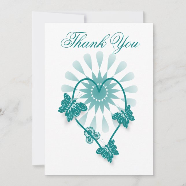 Wedding Thank You Card Teal Butterflies Heart (Front)
