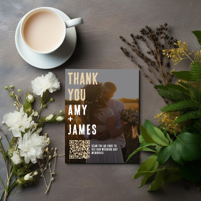Wedding Thank you Card with QR Code and Photo (A beautiful photograph on the front, with a simple and elegant typography and QR Code on top)