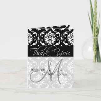 Wedding Thank You Cards Black Damask Monogram