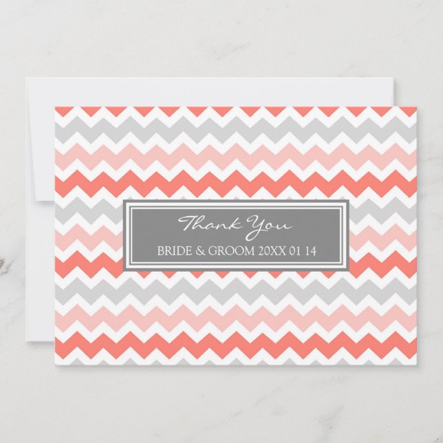 Wedding Thank You Cards Coral Grey Chevron (Front)