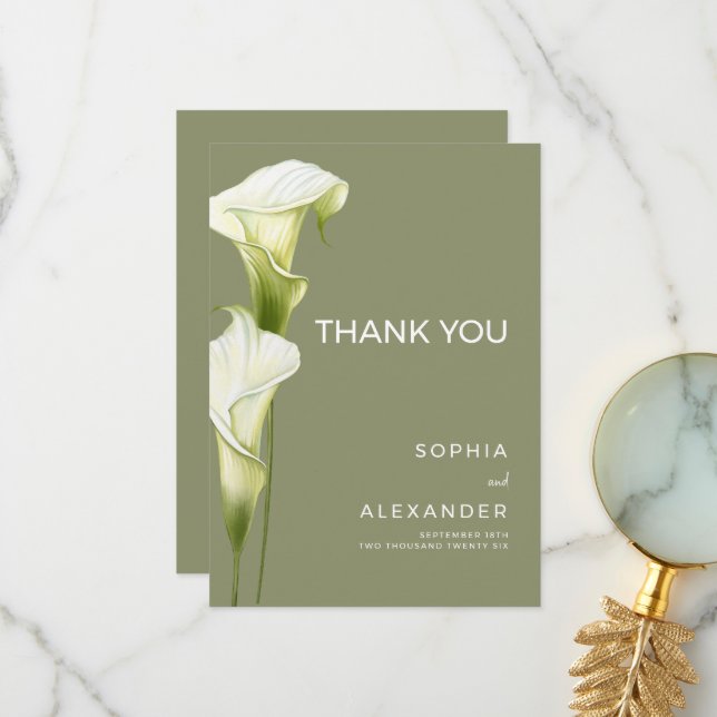 Wedding Thank You Cards "Delicate Calla Lilies" (Front/Back In Situ)