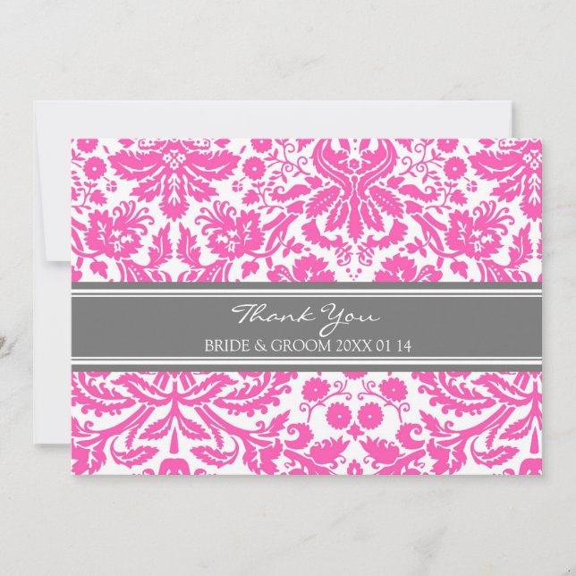 Wedding Thank You Cards Pink Grey Damask (Front)
