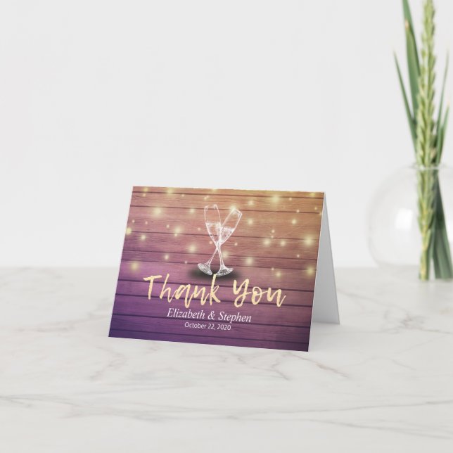 Wedding Thank You Champagne Glasses Wood Lights Card (Front)