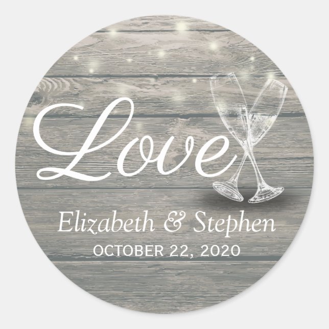 Wedding Thank You Champagne Glasses Wood Lights Classic Round Sticker (Front)