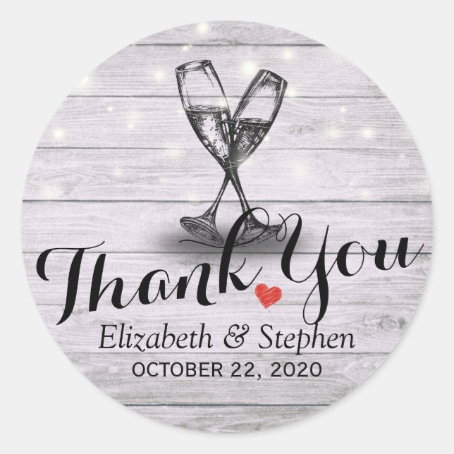 Wedding Thank You Champagne Glasses Wood Lights Classic Round Sticker (Front)