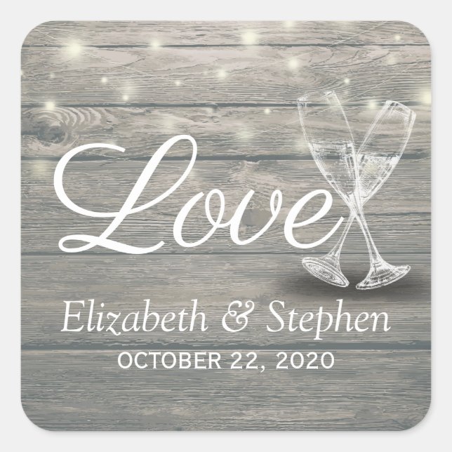 Wedding Thank You Champagne Glasses Wood Lights Square Sticker (Front)