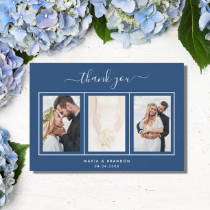 Wedding thank you custom photo blue white script card