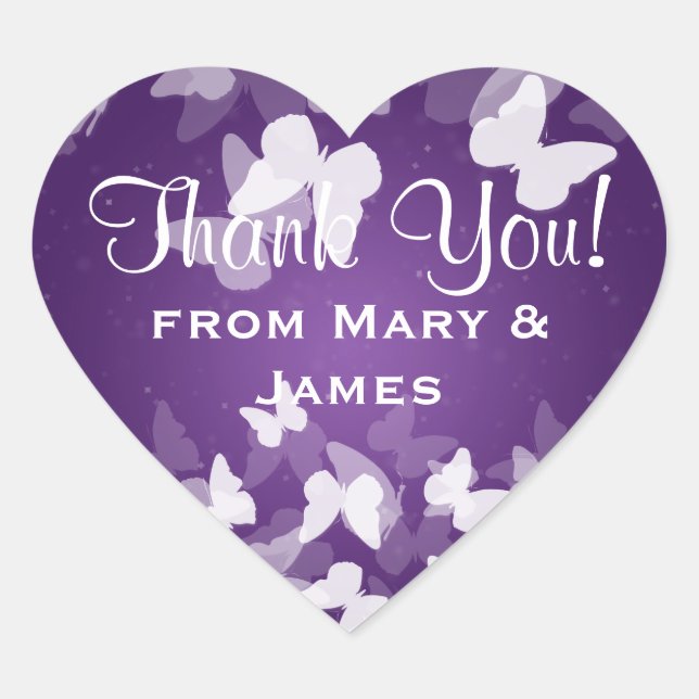 Wedding "Thank you" Elusive Butterflies Purple Heart Sticker (Front)