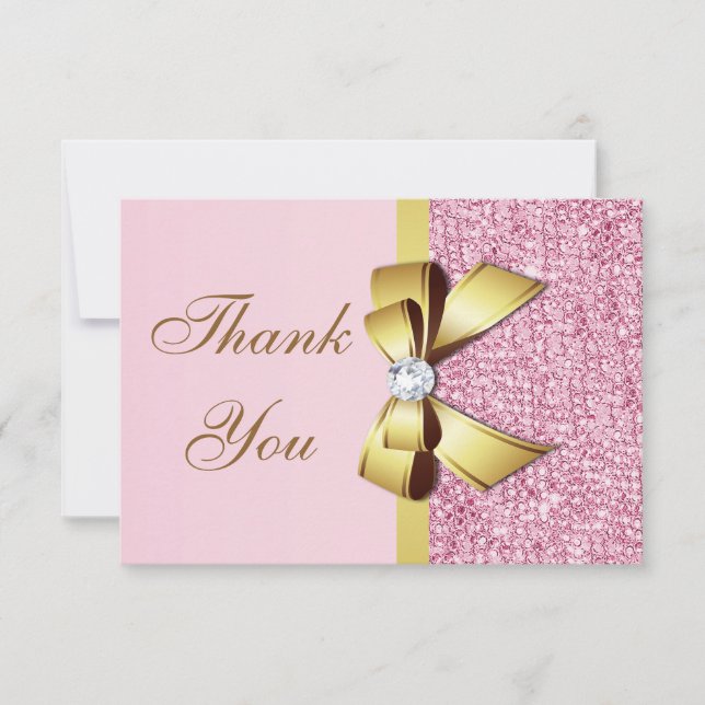 Wedding Thank You Faux Pink Sequins Gold Bow Card (Front)