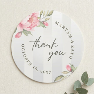 Wedding Thank You Favour | Blush Peony Grey Stripe Classic Round Sticker