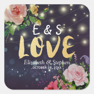 Wedding Thank You Favour Chic Floral Purple Lights Square Sticker