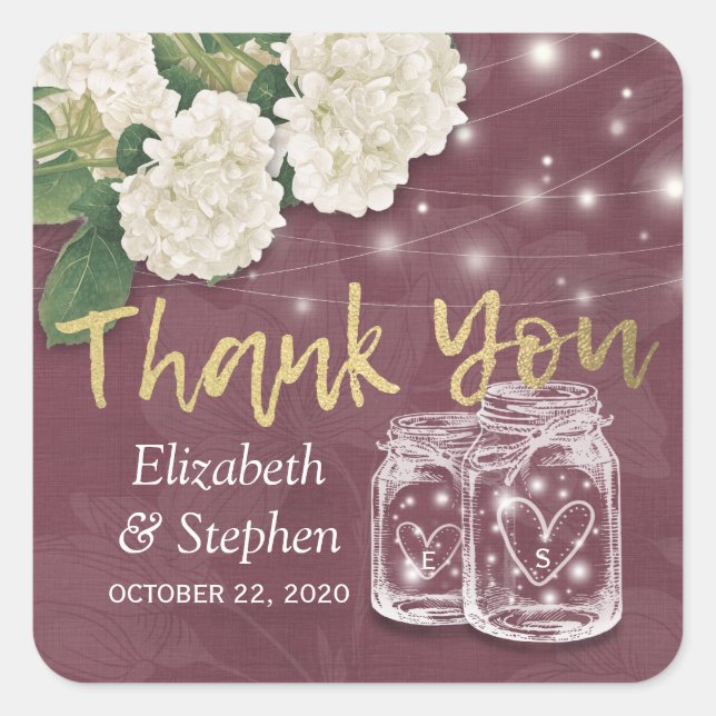 Wedding Thank You Favour Mason Jar Hydrangea Light Square Sticker (Front)