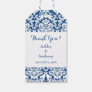 Wedding Thank You Favour Tag Damask Navy Blue Whit