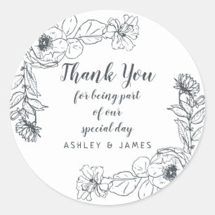 Wedding Thank You Floral Outline Black White Classic Round Sticker