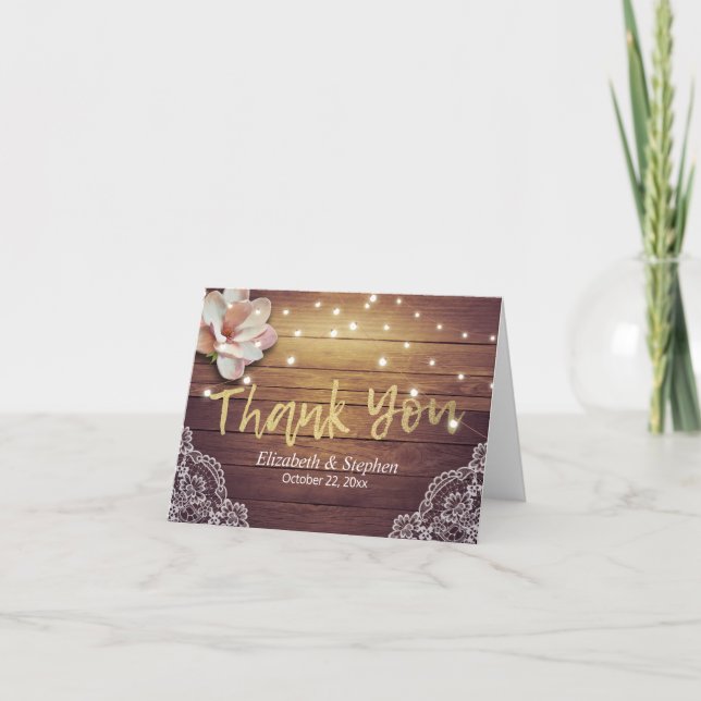 Wedding Thank You Floral String Lights Wood Lace (Front)