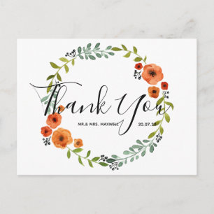 Wedding Thank You   Floral Wreath Script Postcard