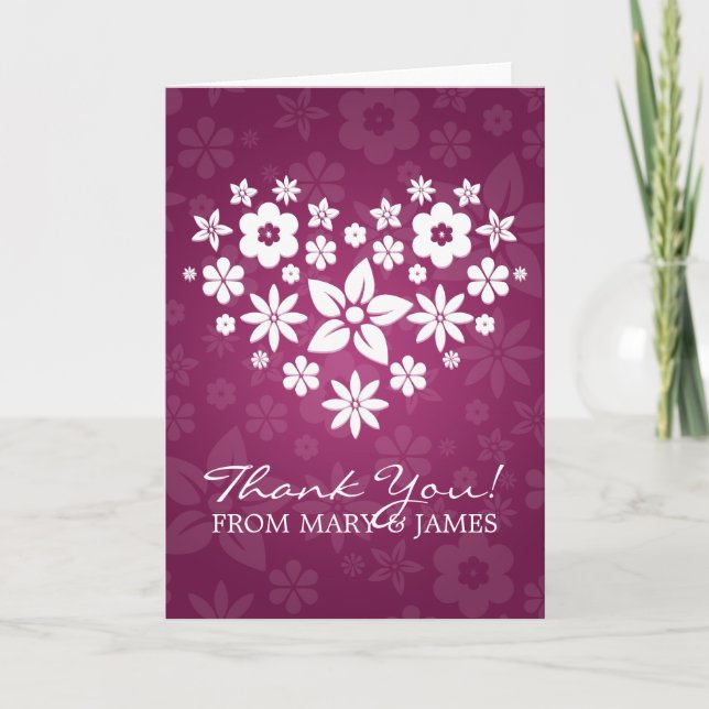 Wedding "Thank you" Flowery Heart Berry Pink Thank You Card (Front)