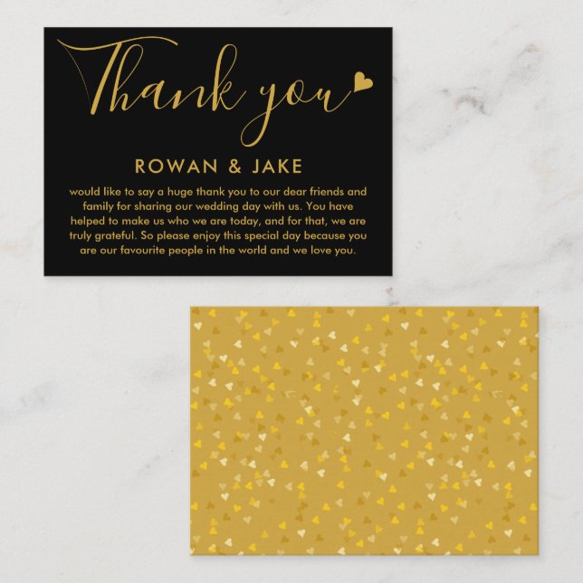 Wedding Thank You Gold And Black Heart Script  Place Card (Front/Back)
