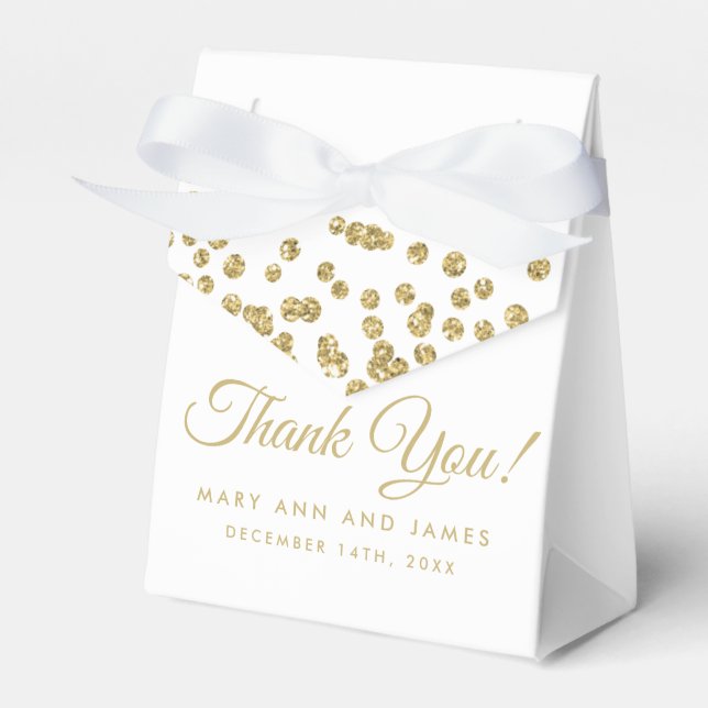 Wedding Thank You Gold Faux Glitter Confetti White Favour Box (Front Side)