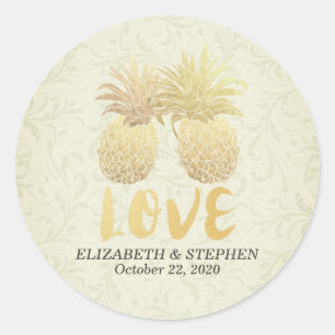 Wedding Thank You Gold Foil Pineapple Damask Paper Classic Round Sticker