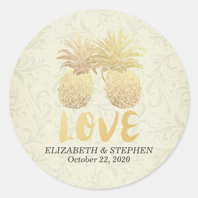 Wedding Thank You Gold Foil Pineapple Damask Paper Classic Round Sticker (Front)