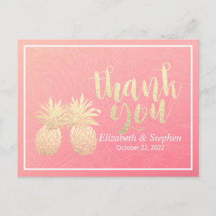 Wedding Thank You Gold Pineapple Couple Pink Roses Postcard