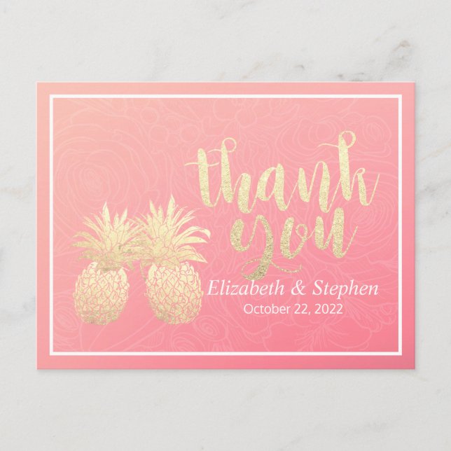 Wedding Thank You Gold Pineapple Couple Pink Roses Postcard (Front)