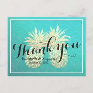 Wedding Thank You Gold Pineapple Couple Teal Roses Postcard