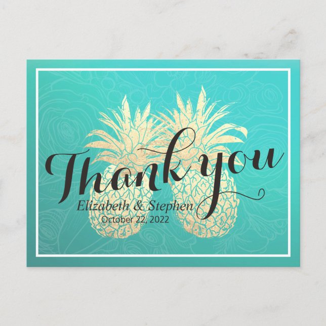 Wedding Thank You Gold Pineapple Couple Teal Roses Postcard (Front)
