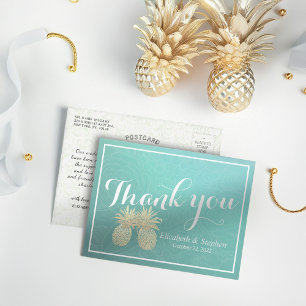 Wedding Thank You Gold Pineapple Couple Teal Roses Postcard