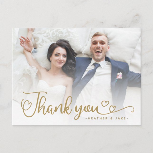 Wedding Thank You | Gold Script Over Photo Postcard (Front)
