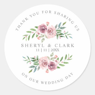 Wedding Thank You Guests on Pink Floral Garland Classic Round Sticker