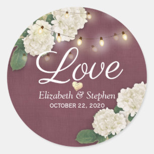 Wedding Thank You Hydrangea String Lights Burgundy Classic Round Sticker
