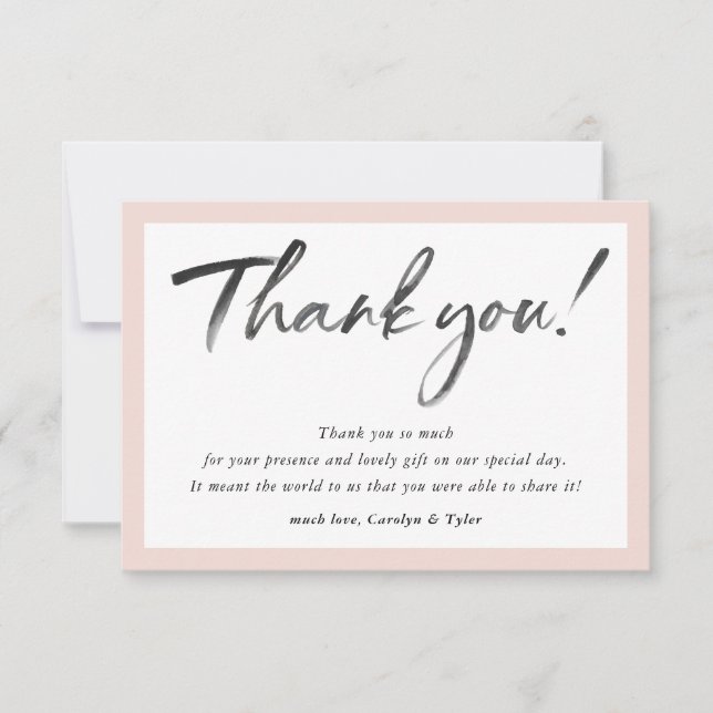 WEDDING THANK YOU ink calligraphy black blush pink Card (Front)
