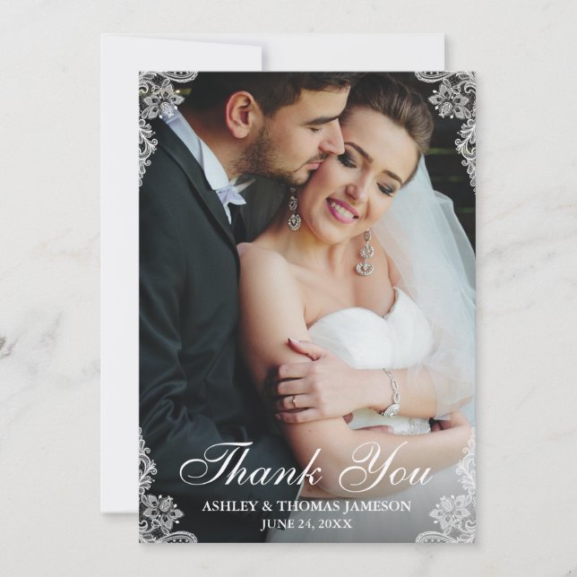 Wedding Thank You Lace Border Couple Photo Card (Front)