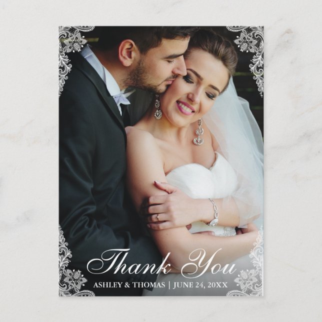 Wedding Thank You Lace Border Couple Photo Postcard (Front)