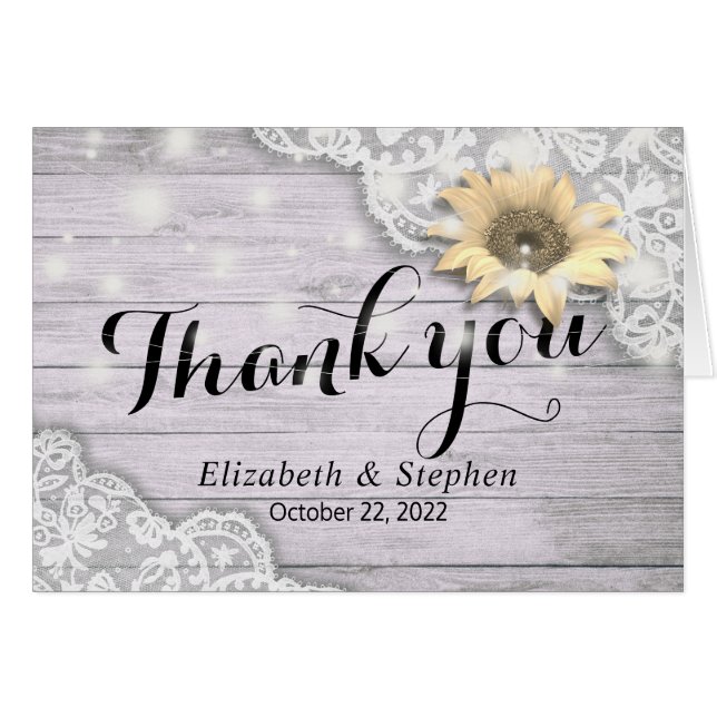 Wedding Thank You Lace Sunflower Rustic Wood Light (Front Horizontal)