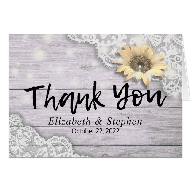 Wedding Thank You Lace Sunflower Rustic Wood Light (Front Horizontal)