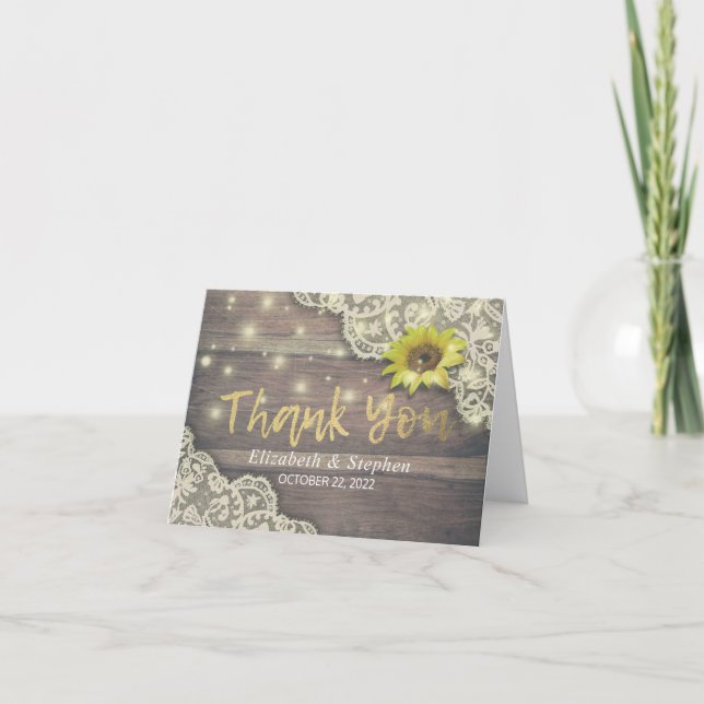 Wedding Thank You Lace Sunflower Rustic Wood Light (Front)